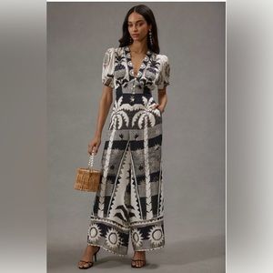 Farm Rio Puff-Sleeve Linen Jumpsuit